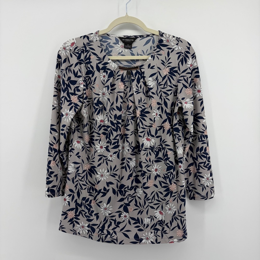 Liz Claiborne Career Blouse Grey Blue Floral Size Small 3/4‎ Sleeve Pleated Neck